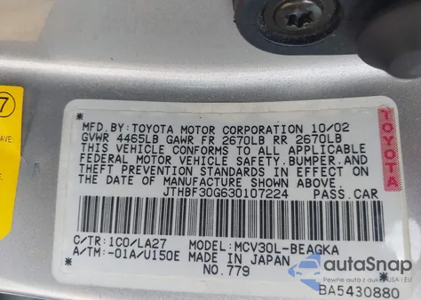 2003 Lexus Es 300 300 z USA, uszkodzony, nr VIN JTHBF30G630107224